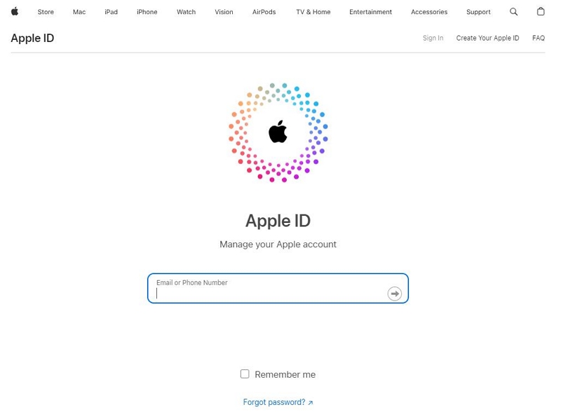 Apple ID website | Change iCloud Password