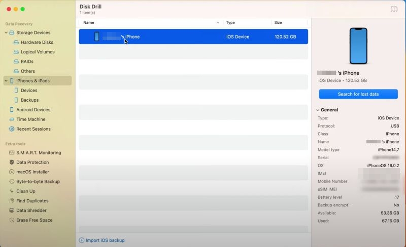 click Search for lost data | Disk Drill iPhone Recovery