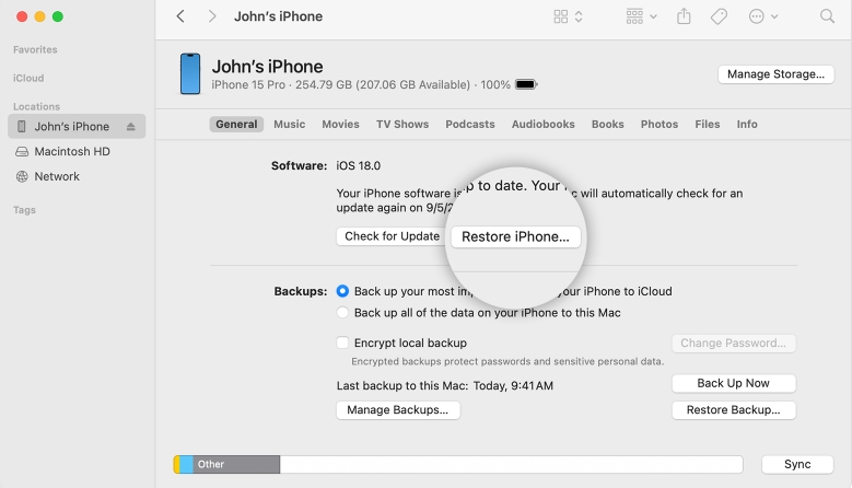 click Restore iPhone | Can’t Sign Out of Apple ID on iPhone