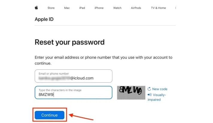 type in Apple ID account | Reset Apple ID Password Without Phone Number