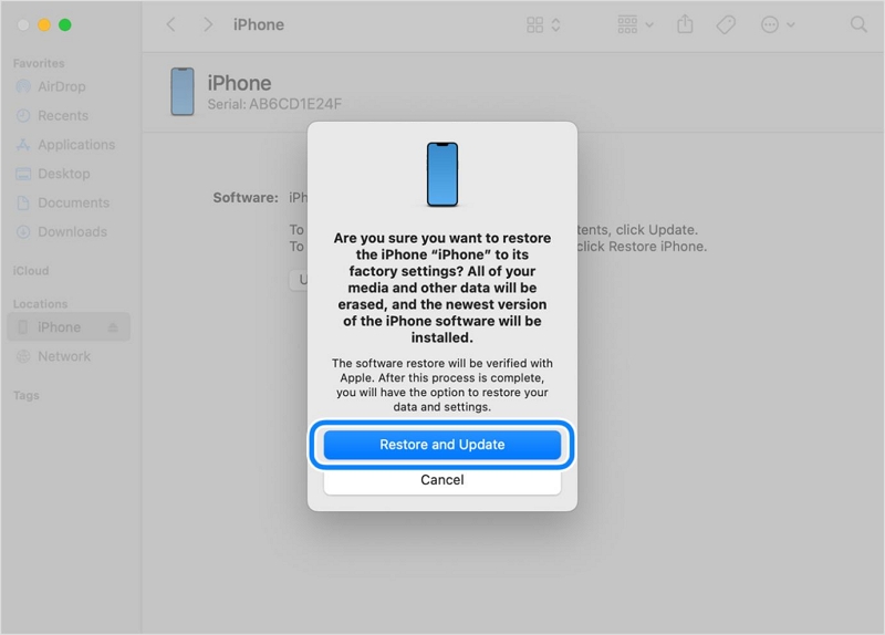 Click Restore and Update | iPhone Asks for Passcode After Factory Reset