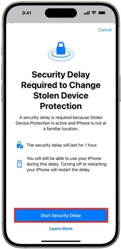 hit Start Security Delay | Turn off Find My iPhone on iCloud