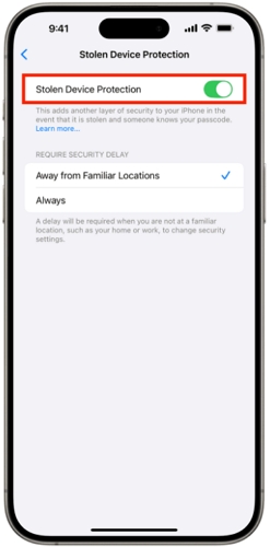 select Stolen Device Protection | Turn off Find My iPhone on iCloud