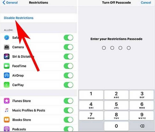 hit Disable Restrictions | Turn Off Screen Time without Passcode