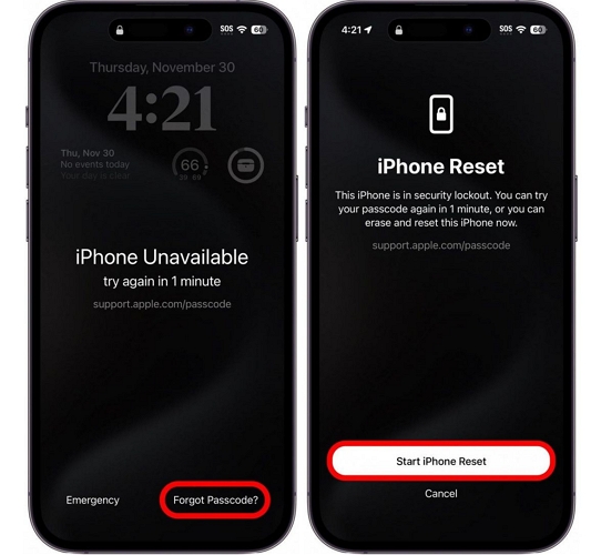 tap Start iPhone Reset | Turn off Stolen Device Protection Without Face ID