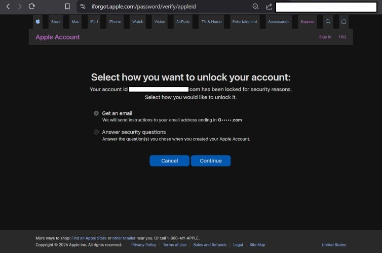 choose Get an email | iforgot apple com