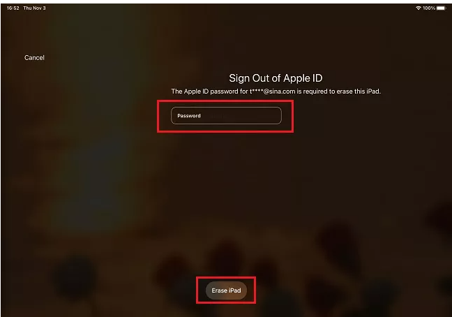 enter Apple ID to erase iPad | Bypass iPad Lock Screen without iTunes Restore