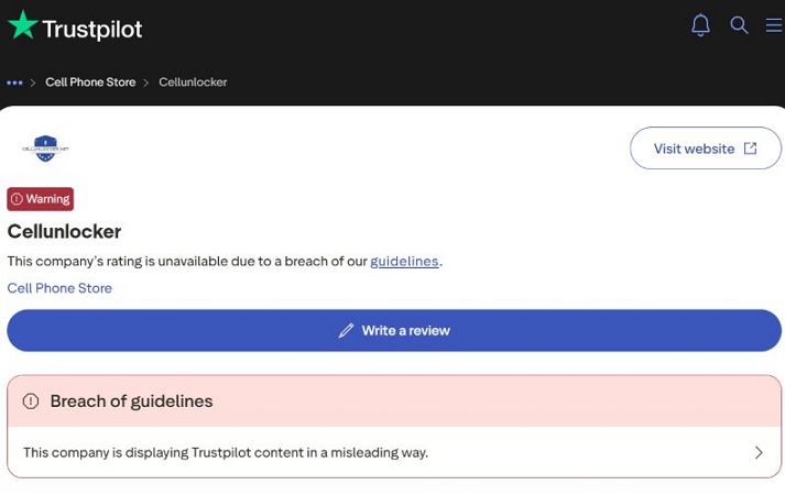 Trustpilot warning | CellUnlocker Net Review