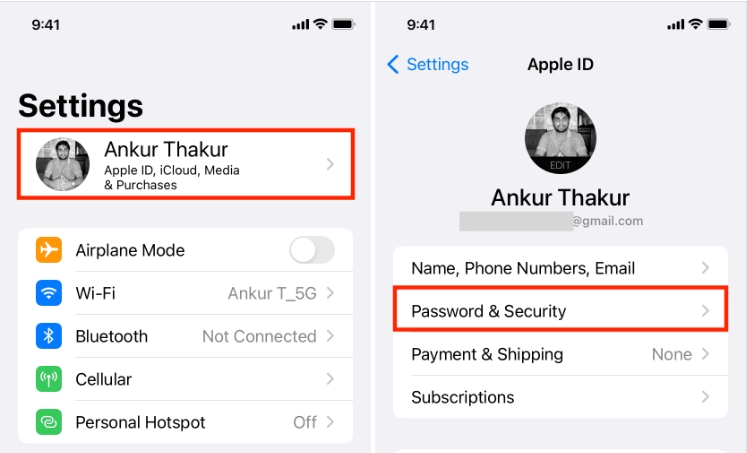 tap Password and Security | Change Apple ID without Losing Data