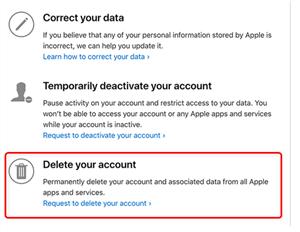 click Request to delete account | delete apple id