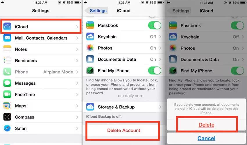 delete iCloud account settings | Sign out of iCloud without password