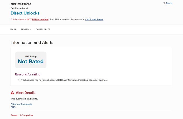 BBB company rating | DirectUnlocks Review
