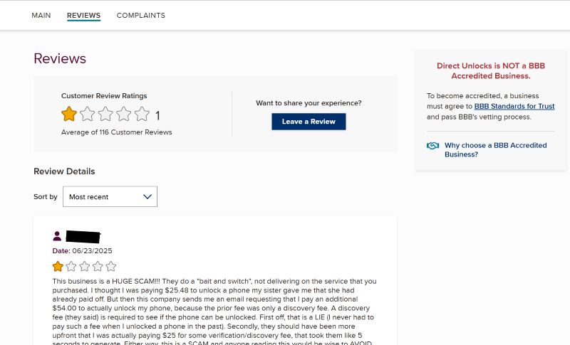 user rating on BBB | DirectUnlocks Review