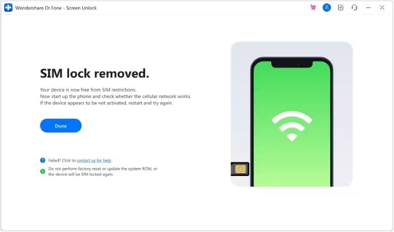 click Done | Dr.Fone SIM Unlock Service