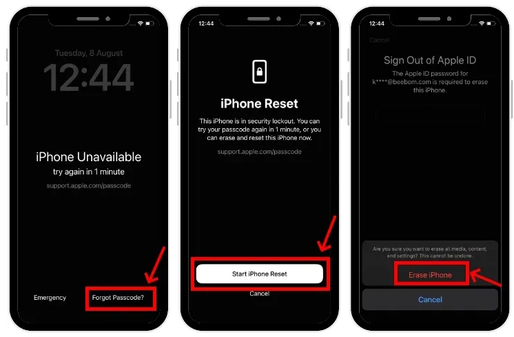 iPhoneのロック画面を消去 | iPhoneが利用できない 8時間後にもう一度お試しください