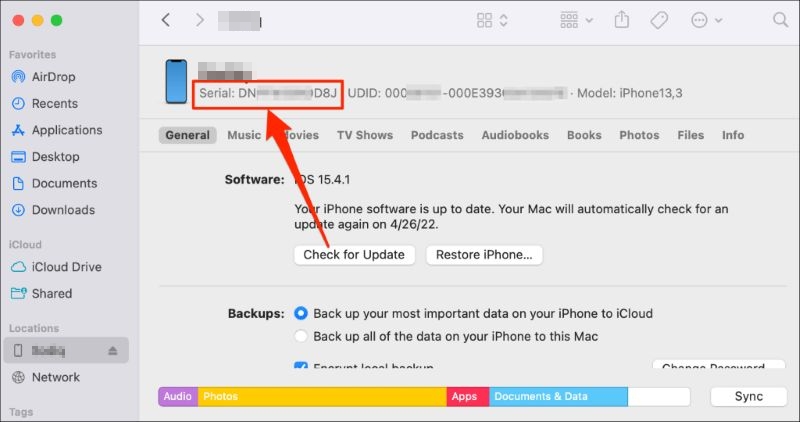 Finder device summary | Get IMEI Number on iPhone If Locked