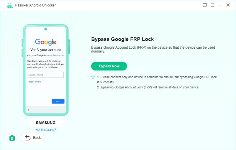 bypass Google FRP lock without google account using Passixer Android Unlocker Step 2