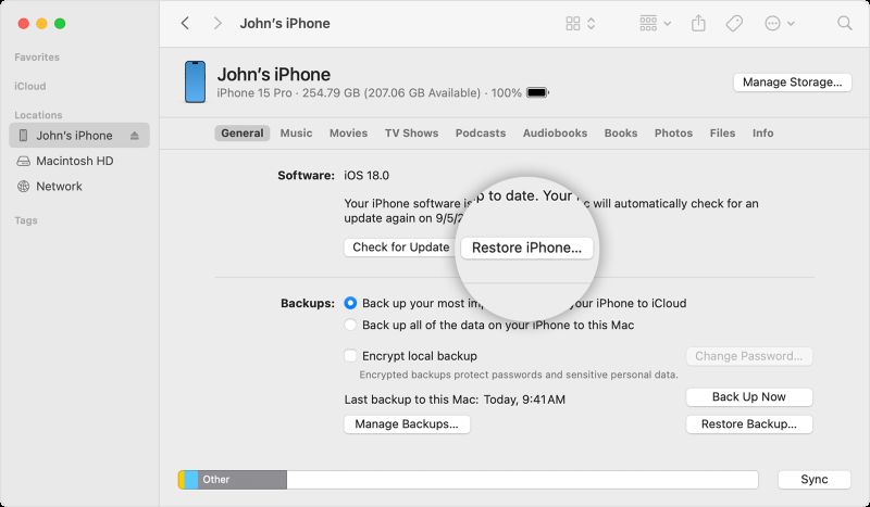 click Restore iPhone | Turn off Time Limit