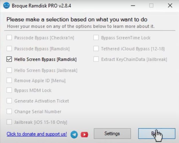 select Hello Screen Bypass Ramdisk | Broque Ramdisk Pro
