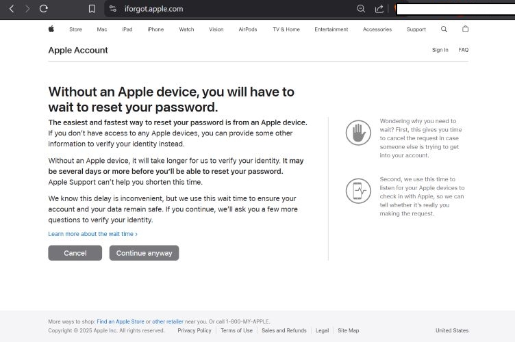 とにかく続行を選択 | iforgot apple com
