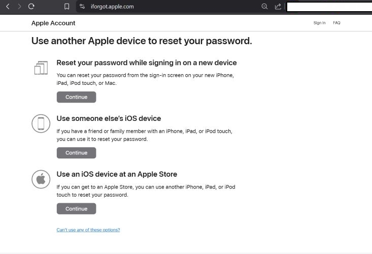 タップすると、これらのオプションは使用できません | iforgot apple com