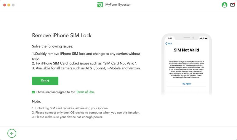 click Start | iMyFone iBypasser SIM Unlock