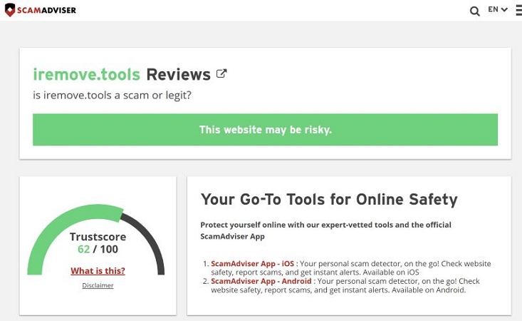ScamAdviser score | iRemove Tools
