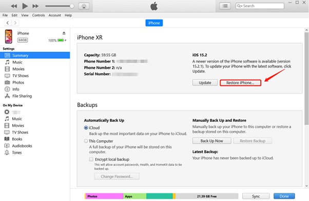 restore iPhone without Passcode using iTunes