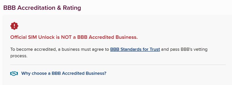 non-accreditation by BBB | Official SIM Unlock Review