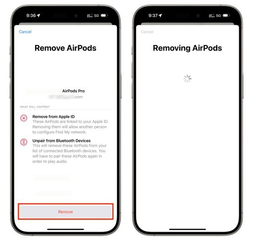 tap Remove | Remove AirPods from Apple ID