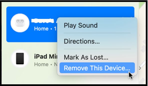 context menu | Remove AirPods from Apple ID