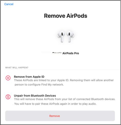 warning message | Remove AirPods from Apple ID