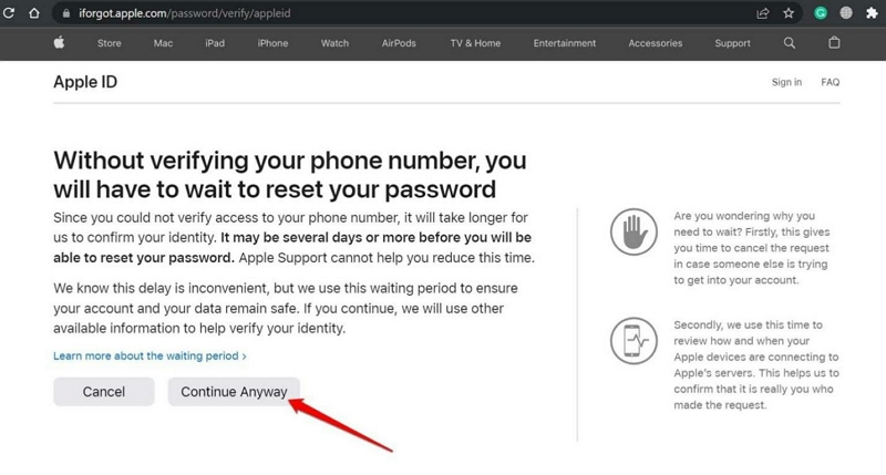 Continue Anyway | Reset Apple ID Password Without Phone Number
