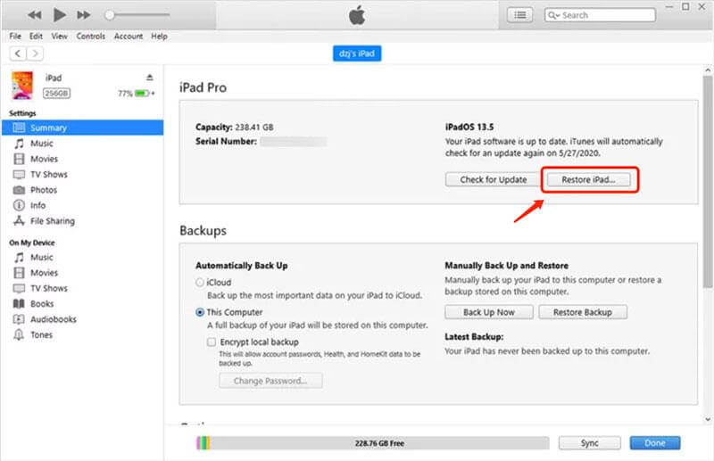 click Restore iPad in iTunes | Forgot iPad Password