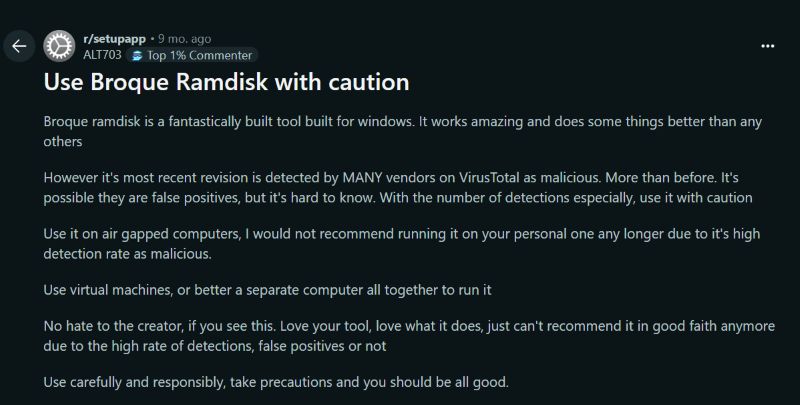 Reddit comment | Broque Ramdisk Pro