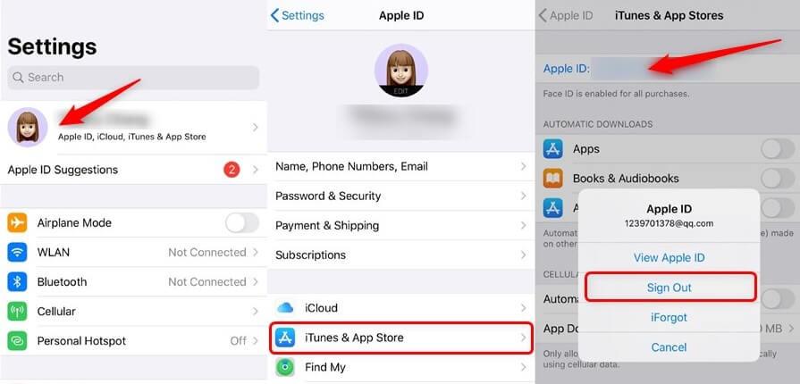 sign out of Apple ID via iTunes and Apple Store settings | delete apple id