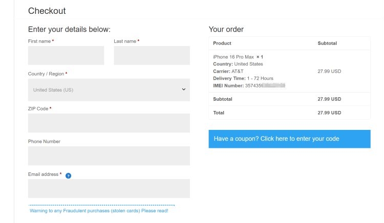 fill out checkout details | The Unlocking Company