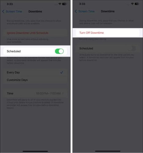 toggle off Scheduled | Turn off Downtime on Apple Watch