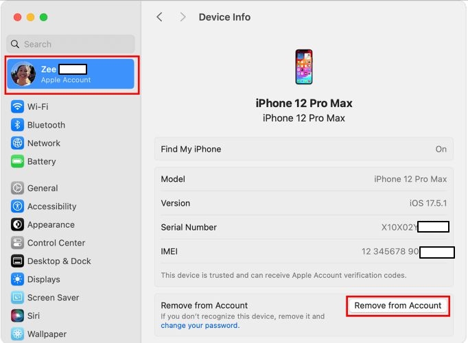 click Remove in Mac settings | Turn off Find My iPhone from Another Device