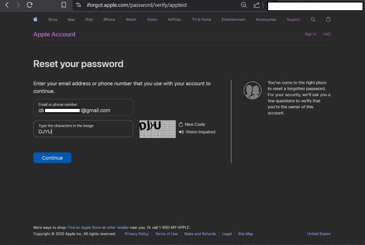 [続行] を押してください | iforgot apple com