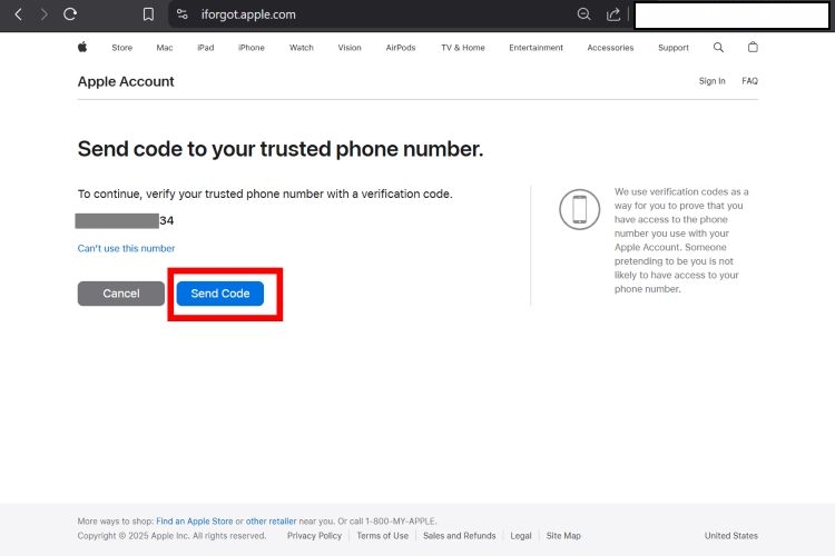 コード送信をタップ | iforgot apple com