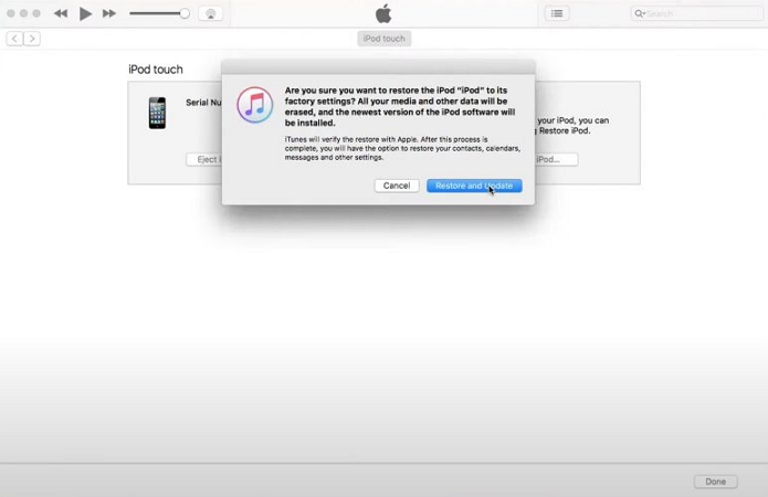 choose Restore and Update | Unlock Disabled iPod