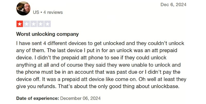 Trustpilot negative review | UnlockBase Review