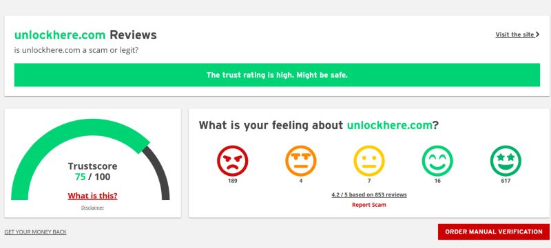 ScamAdviser score | Unlockhere.com